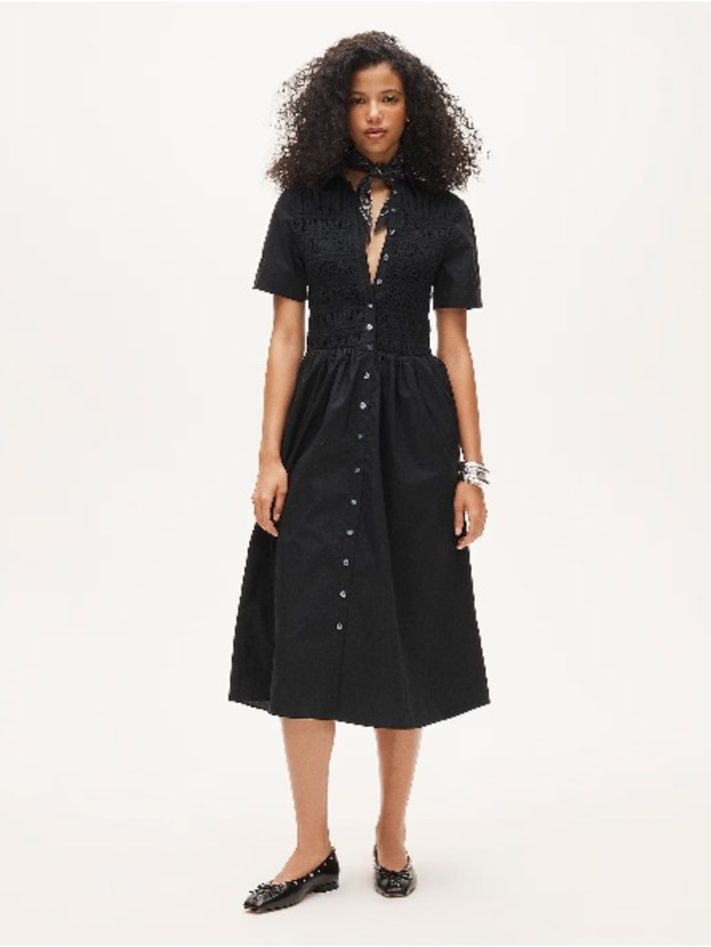 J. Crew Black Smocked Button-Front Midi Dress Elsie Shirt dress